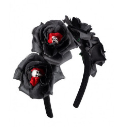 Serre-tête avec roses noires et têtes de mort Accessoires de fête 03763