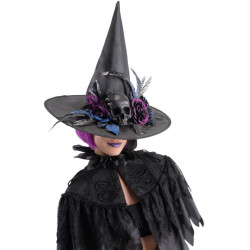 Chapeau sorcière noir avec tête de mort et déco 45 cm Accessoires de fête 03951