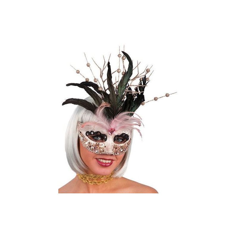 Masque vénitien en tissu ivoire avec plumes Accessoires de fête 722-